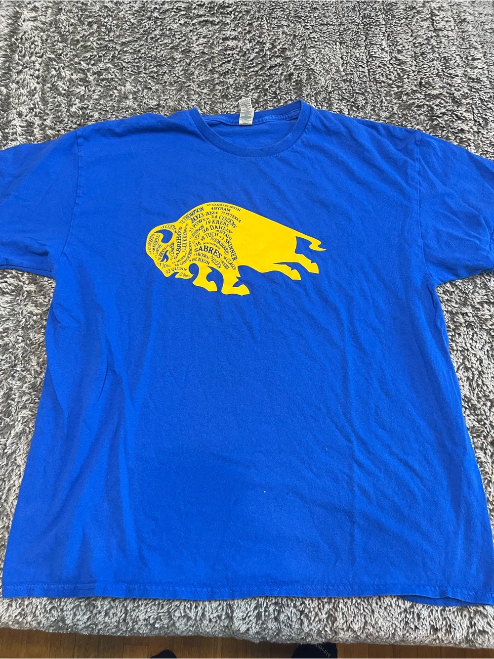 Blue Short Sleeve T‑Shirt with Yellow Buffalo Graphic
